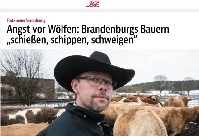 Der Vorsitzende des Bauernbunds in Brandenburg mit breitkrempigem Hut. Die Überschrift "Schießen, schippen, schweigen" legt den Gedanken nahe, man dürfe illegal Wölfe erschießen.