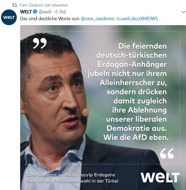 Cem Özdemir in "Twitter" mit seiner Kritik an Türken in Deutschland, die Erdogan zujubeln.