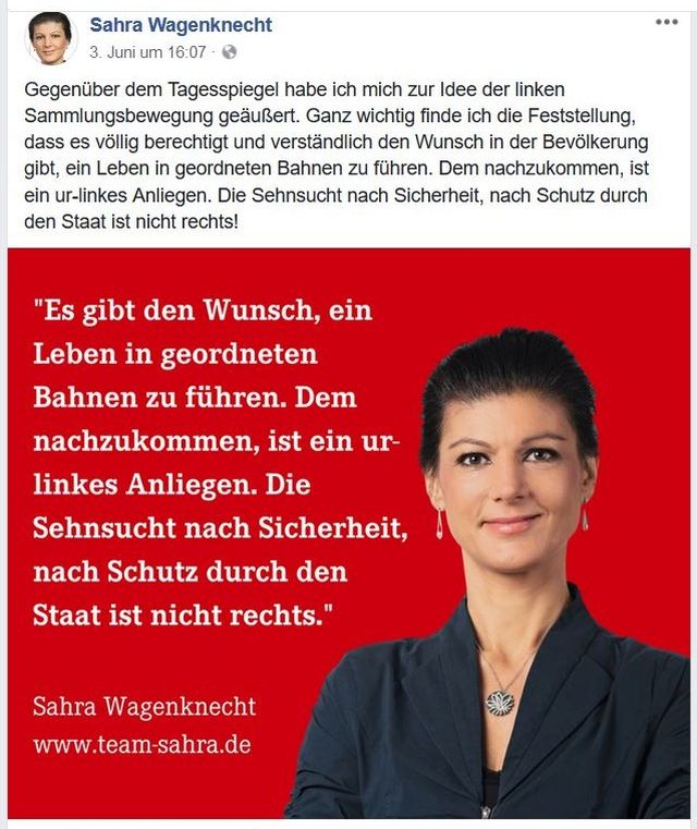 Sahra Wagenknecht vor einem roten Hintergrund mit der Feststellung, dass der Wunsch des Bürgers nach Schutz nicht rechts sei.