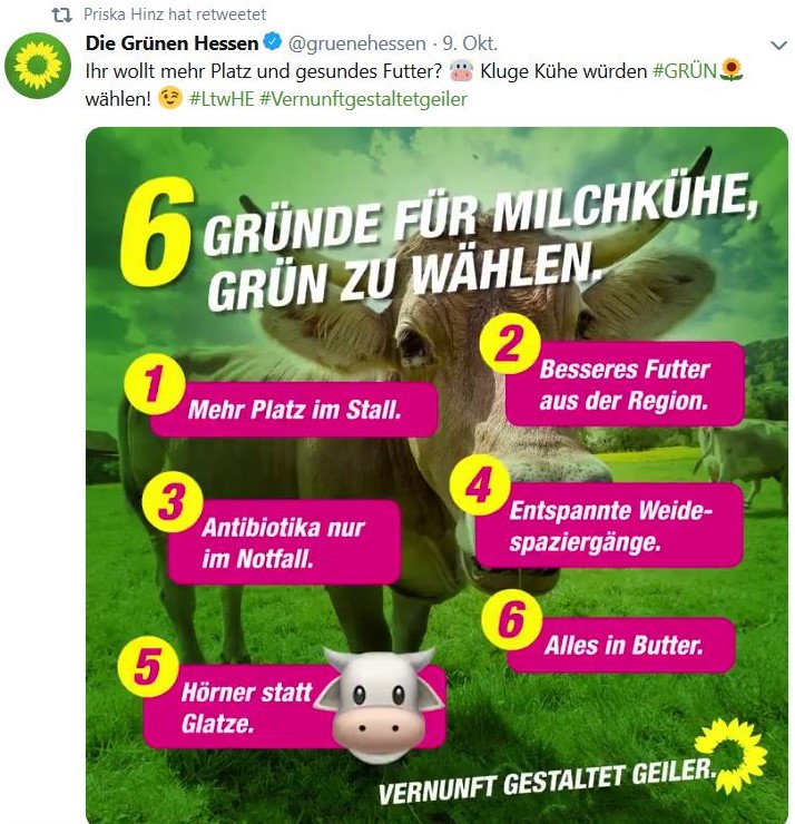 Facebook-Post der Grünen 'Sechs Gründe für Milchkühe, Grün zu wählen'.