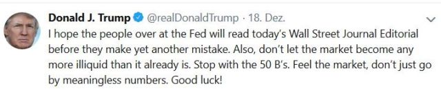 Tweet von Donald trump: Er greift die Fed an und spricht ihr die Kompetenz ab.