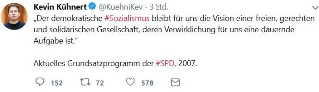 Tweet von Kevin Künert mit einem Zitat aus dem SPD-Grundsatzprogramm: "Der demokratische Sozialismus bleibt für uns die Vision einer freien, gerechten und solidarischen Gesellschaft, deren Verwirklichung für uns eine dauernde Aufgabe ist."