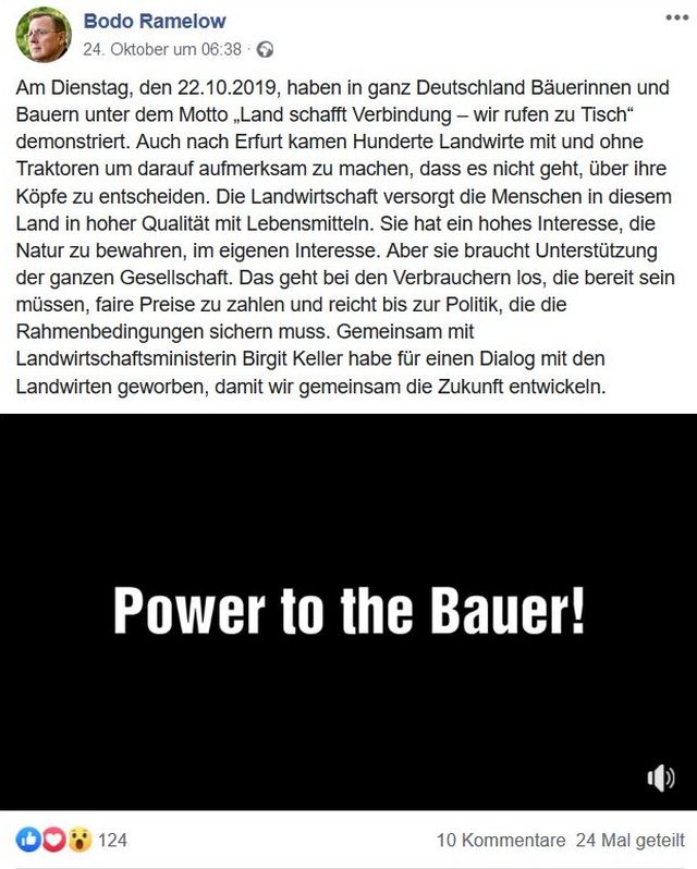 "Power to the Bauer!" schreibt Bodo Ramelow bei Facebook.