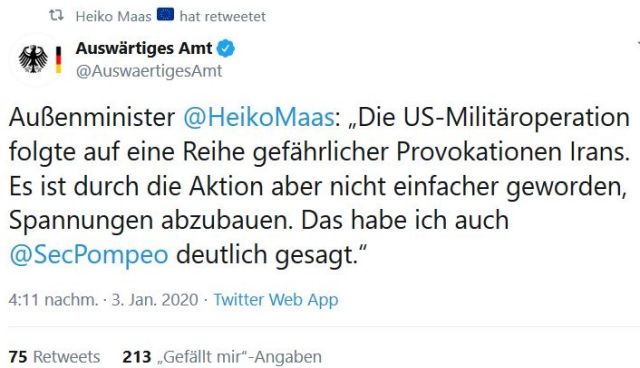 Heiko Maas in einem Tweet zur Liquidation von General Soleimani. „Es ist durch diese Aktion aber nicht einfacher geworden, Spannungen abzubauen.“