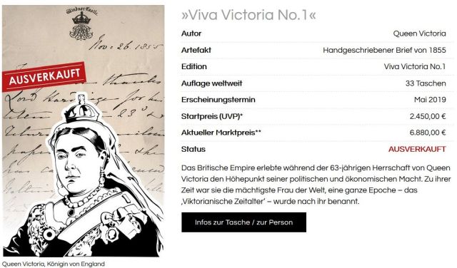 Anzeige mit einer Zeichnung des Oberkörpers von Königin Vivtoria in einer Werbeung für Handtaschen.