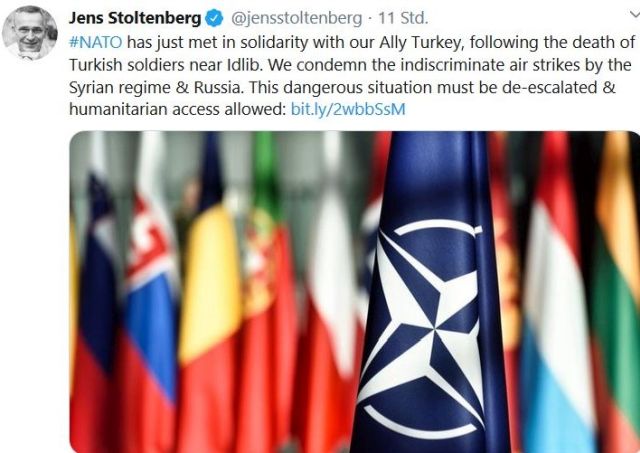 Facebook-Post von Jens Stoltenberg. NATO-Fahne und weitere Flaggen. Im Text betont Stoltenberg die Solidarität der NATO mit der Türkei.