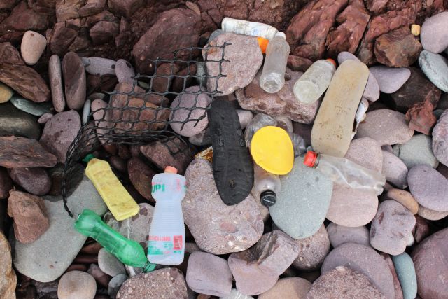 Durchsichtige, gelbliche und grüne Plastikflaschen und andere Kunststoffteile an einem steinigen Strand.