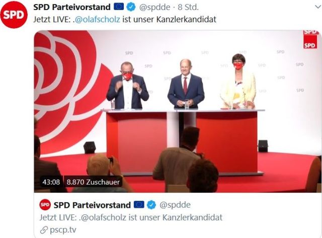 Norbert Walter-Borjans und Saskia Esken mit roten Masken am Rednerpult. Dazwischen Olaf Scholz ohne. Er trug bis zum Rednerepult eine weiße Maske.