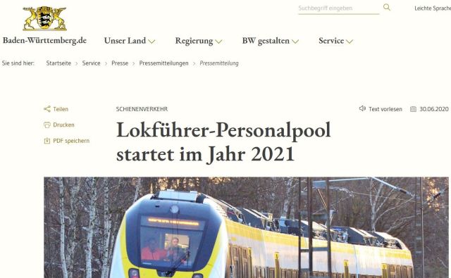 Screenshot aus der Internetseite des Landes Baden-Württemberg. Text: Lokführer-Personalpool startet im Jahr 2021". Darunter ein Regionalzug.