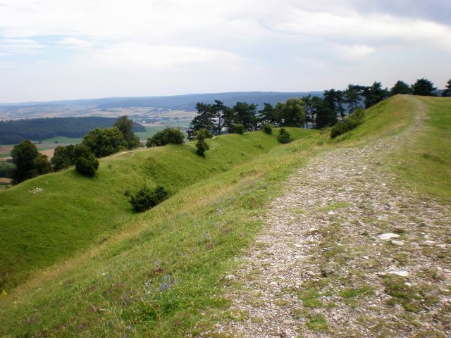 Wall- und Grabenanlage an einem abfallenden Hügel.