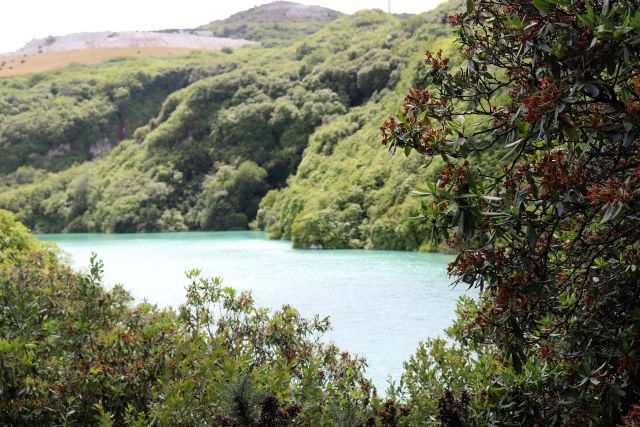 Ein weißlich-blau schimmernder See zwischen Rhododendronbüschen. Dahinter ein Berghang, auf dem noch eine Abraumhalde zu sehen ist.