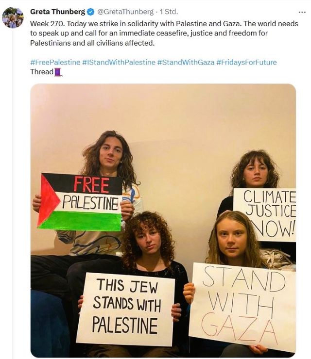 Post mit vier jungen Frauen, die bei 'X' Pappschilder vor sich halten. Texte "Free Palestine", "This jJew stands with Palestine", "Climate Justice Now" und "Stand with Gaza" (Greta Thunberg. 