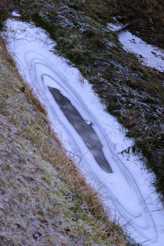 Eine mehrere Meter lange Pfütze ist zugefroren. Eis hat jeweils ovale Formen mit weißem Rand.