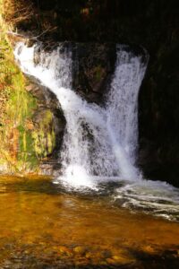 Ein Wasserfall ergießt sich in zwei Strömen einige Meter in das tiefergelegene Wasserbecken, das der Wasserfall selbst geschaffen hat.